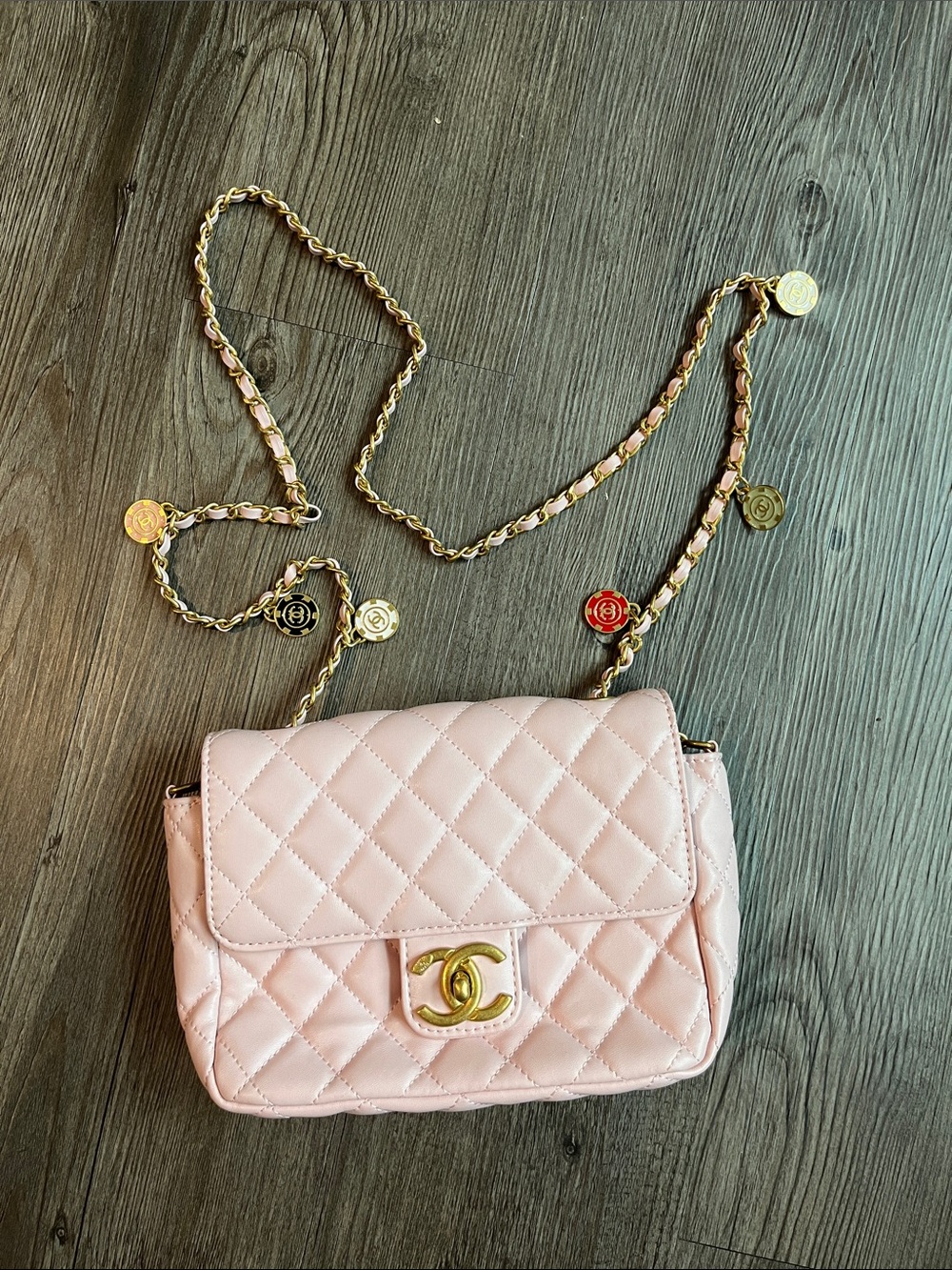 Fun Quilted Shoulder Bag in Pale Pink with Gold Chain and Charms